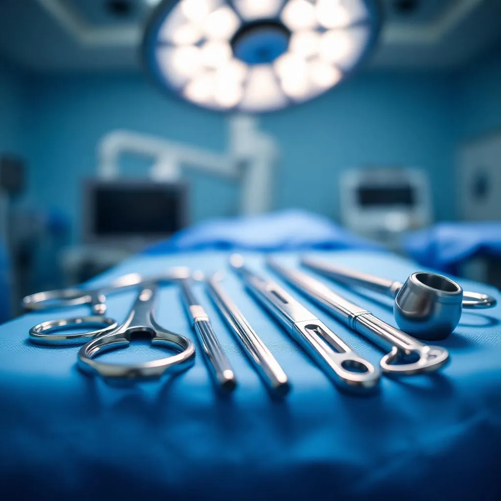 Sterile surgical instruments arranged in a modern operating room
