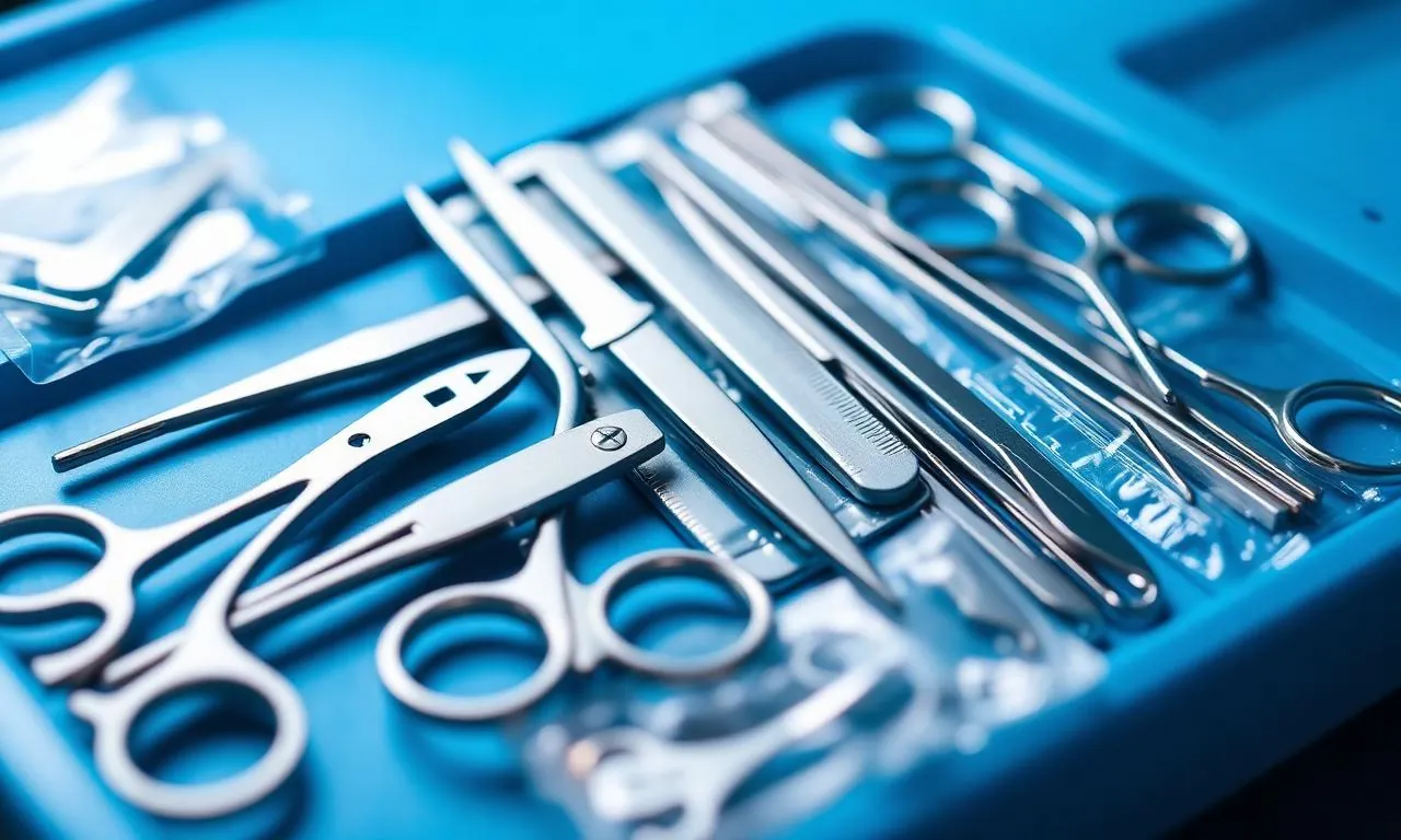 Premium sterile surgical instruments arranged on a blue medical tray
